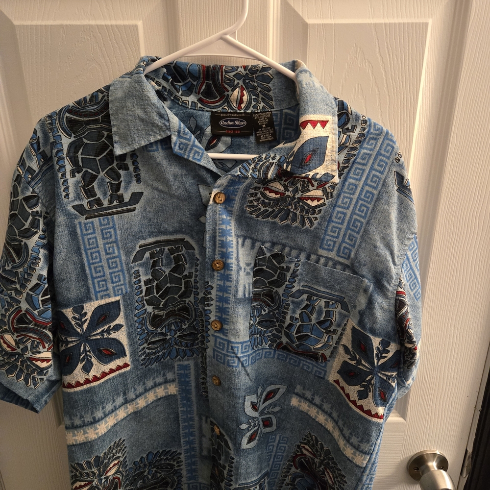 Vintage Anchor Blue Patterned Men's Hawaiian Print Tiki Shirt